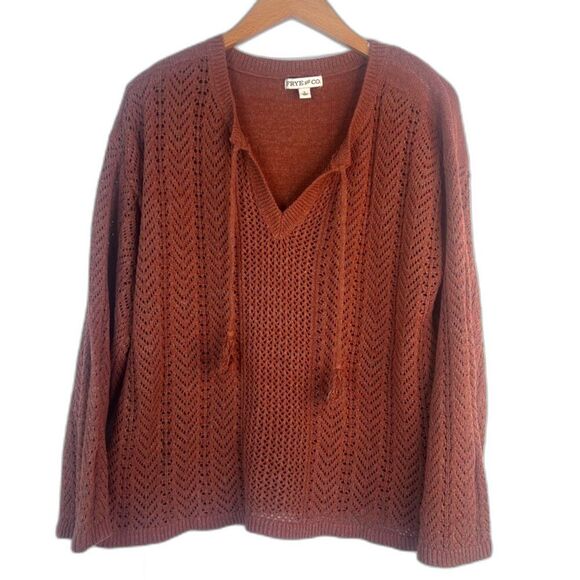 Frye & Co. Orange Open Weave Knit Tassel Vneck Long Sleeve Sweater Large - Picture 1 of 9